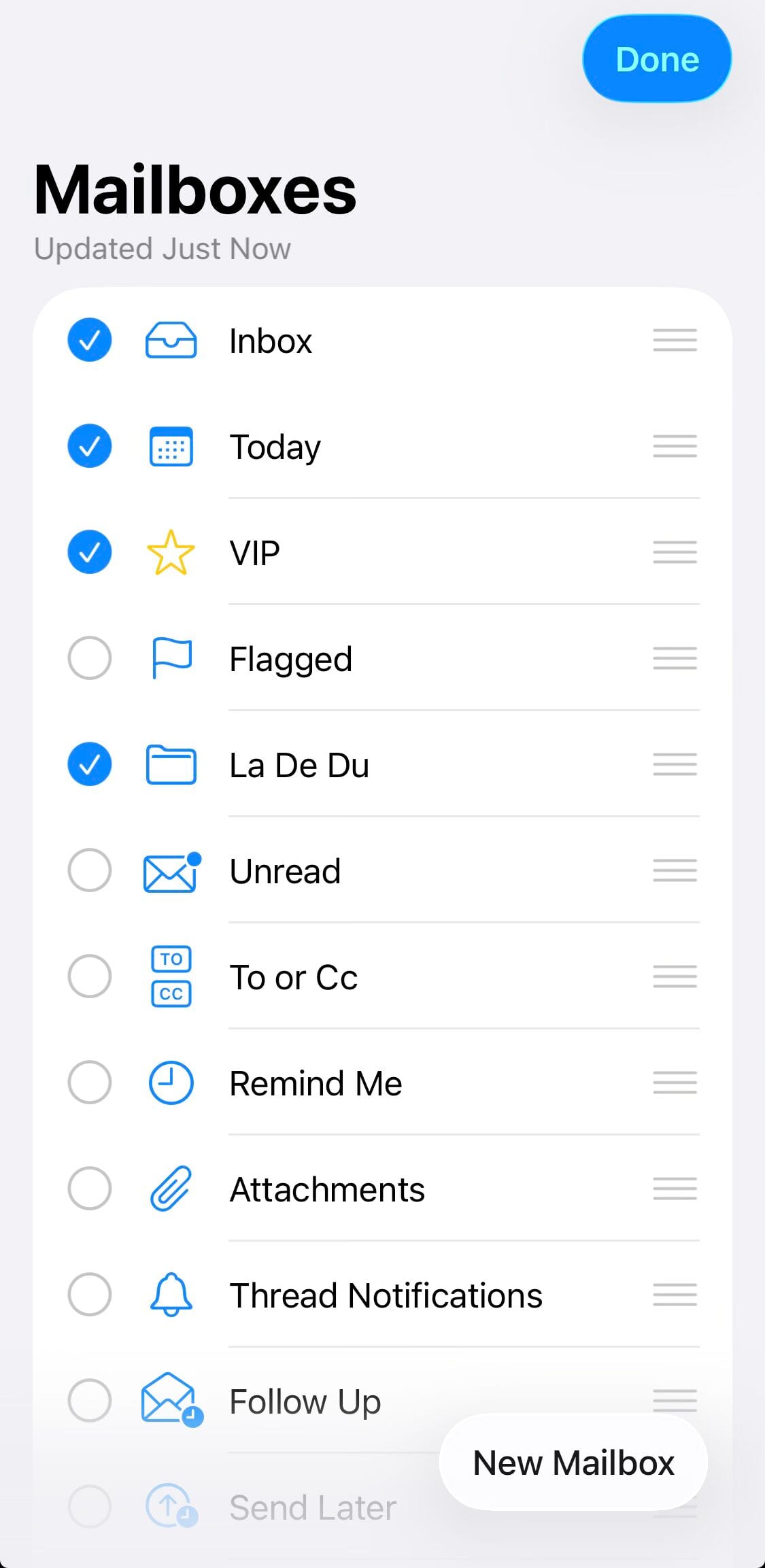 Check all folders you want to be able to access as favorites on the Apple Mail for iPhone “Mailboxes” page